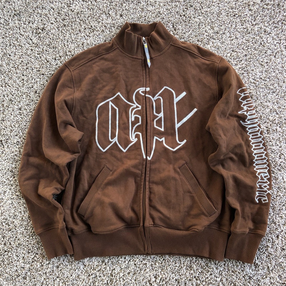 RARE Alphanumeric‎ Full Zip Sweatshirt Mens S Brown Skate Streetwear Jacket Y2K